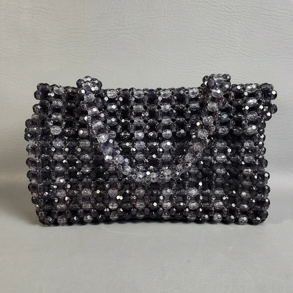 Vintage Crystal Beaded Purse Fauceted Beads Smoke Gray Hong Kong 60s Handmade